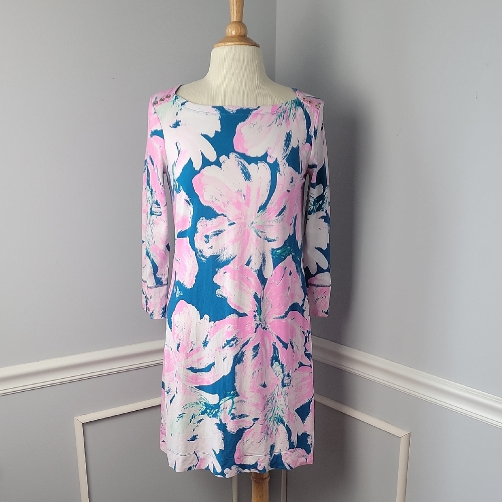 LILLY PULITZER Sophie Pink Teal Floral Boat Neck 3/4 Sleeve Stretch Boho Dress M